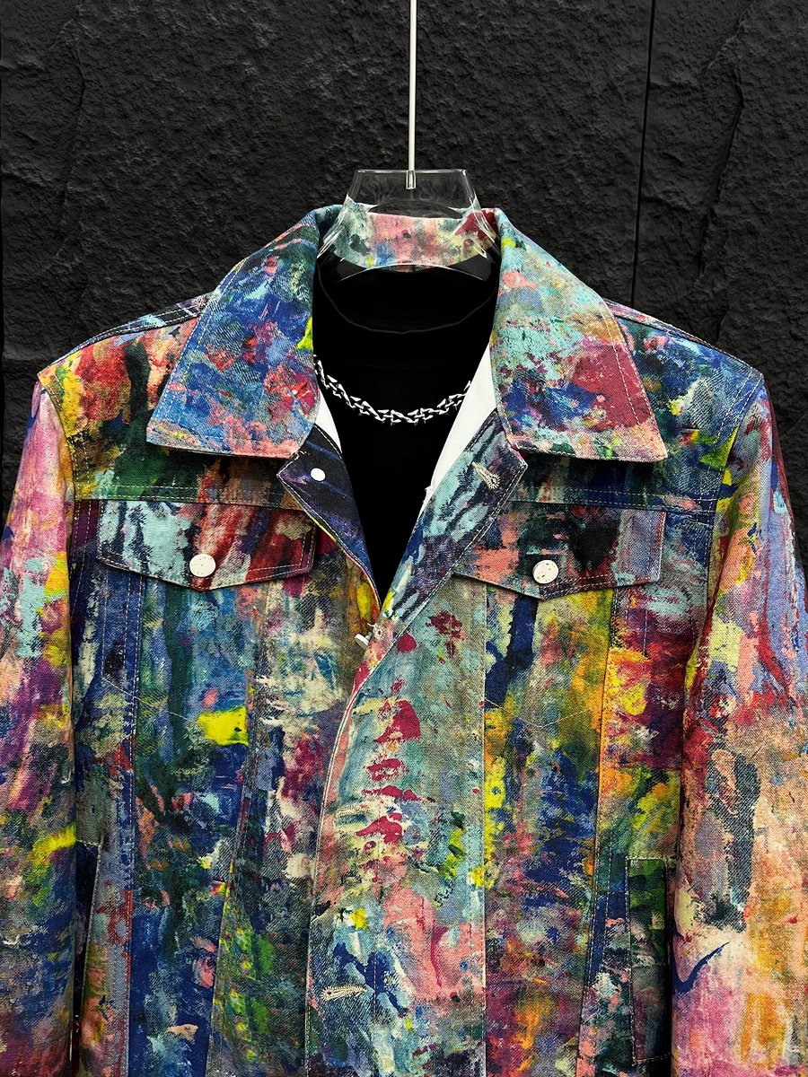 Abstract Print Denim Jacket Multicolor Artistic Streetwear