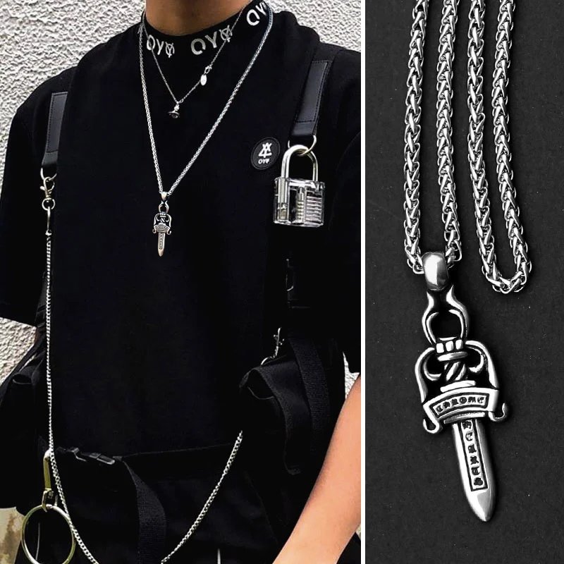 Silver Sword Pendant Necklace Silver Chain Layered Hipster Jewelry
