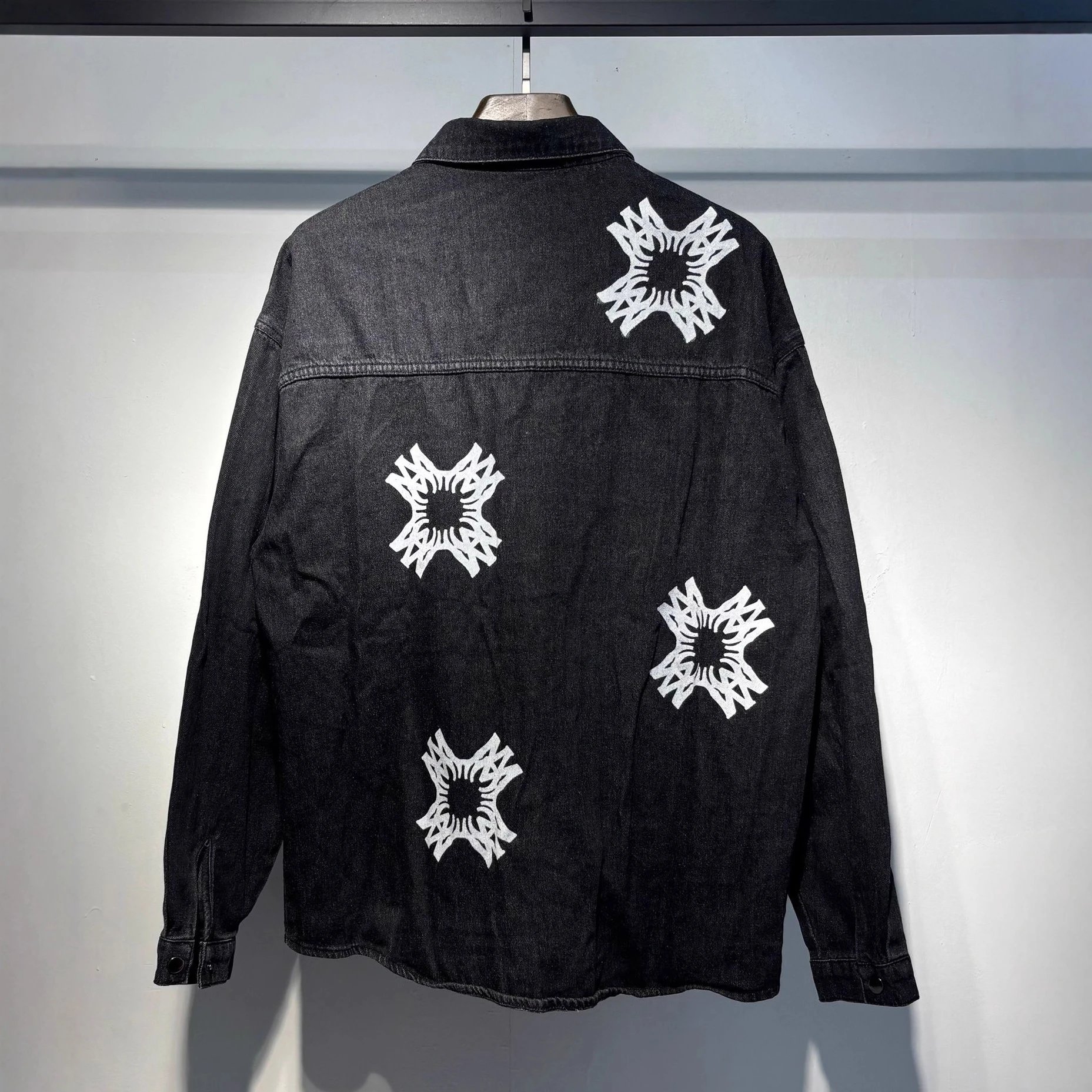 Denim Oversized Shirt Light Blue Black Star Embroidered Casual Jacket