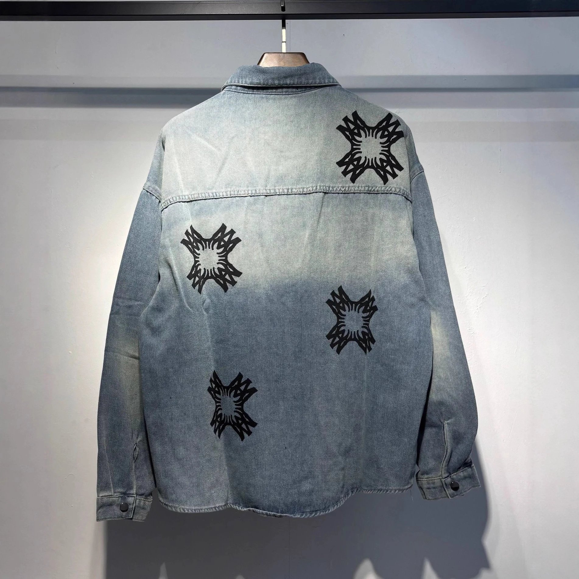 Denim Oversized Shirt Light Blue Black Star Embroidered Casual Jacket