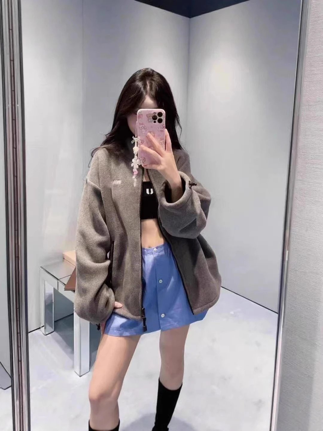 Oversized Fleece Zip-Up Jacket Gray Streetwear