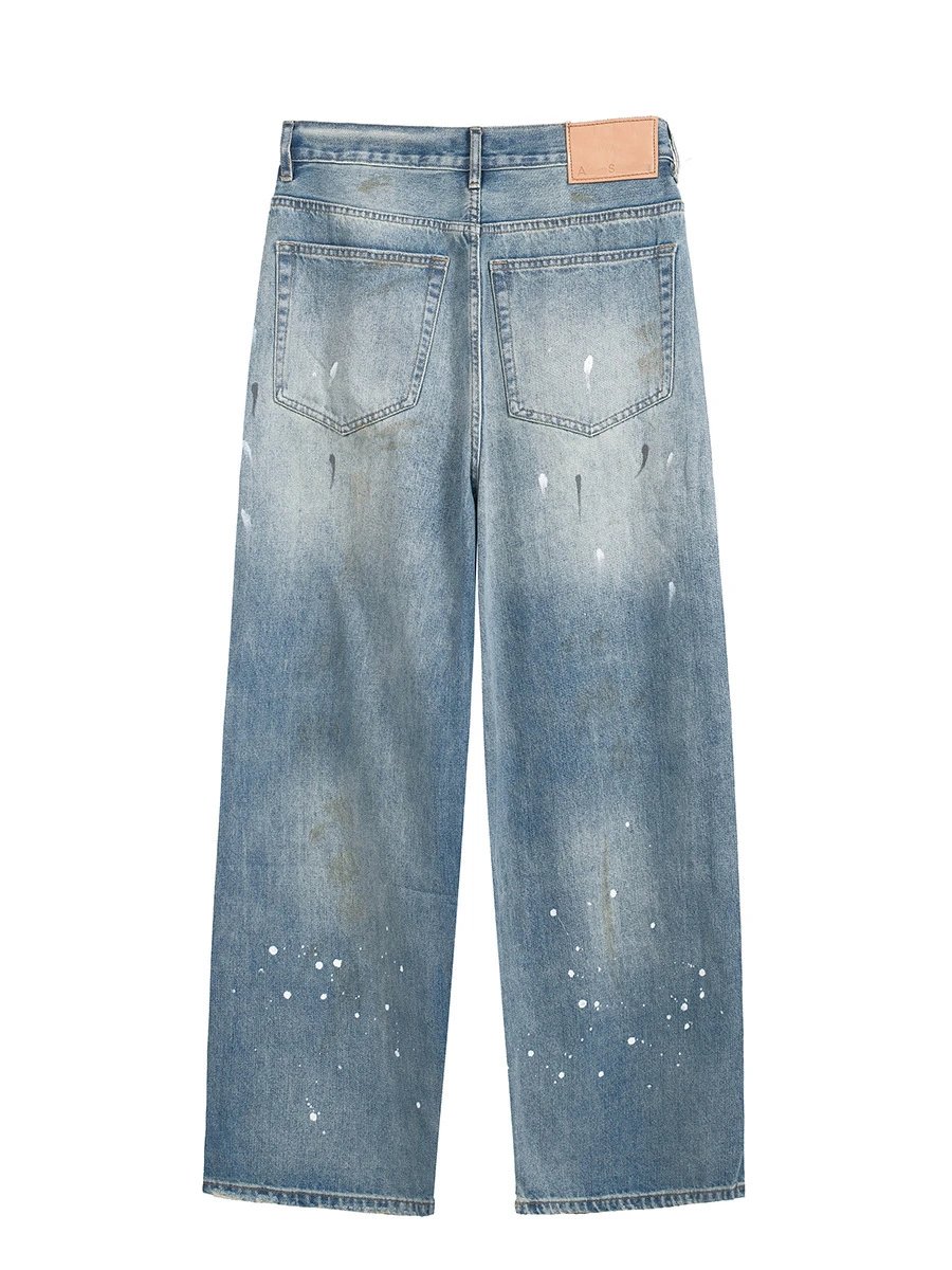 Denim Wide Leg Light Blue Paint Splatter Distressed Jeans