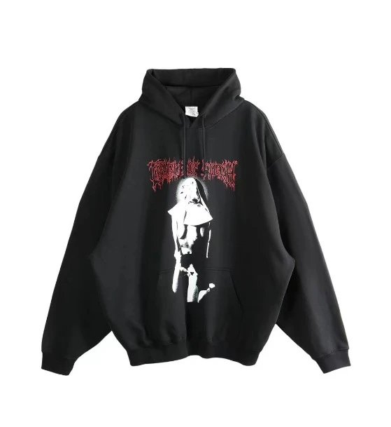Black Hooded Sweatshirt With White Gothic Lettering Streetwear