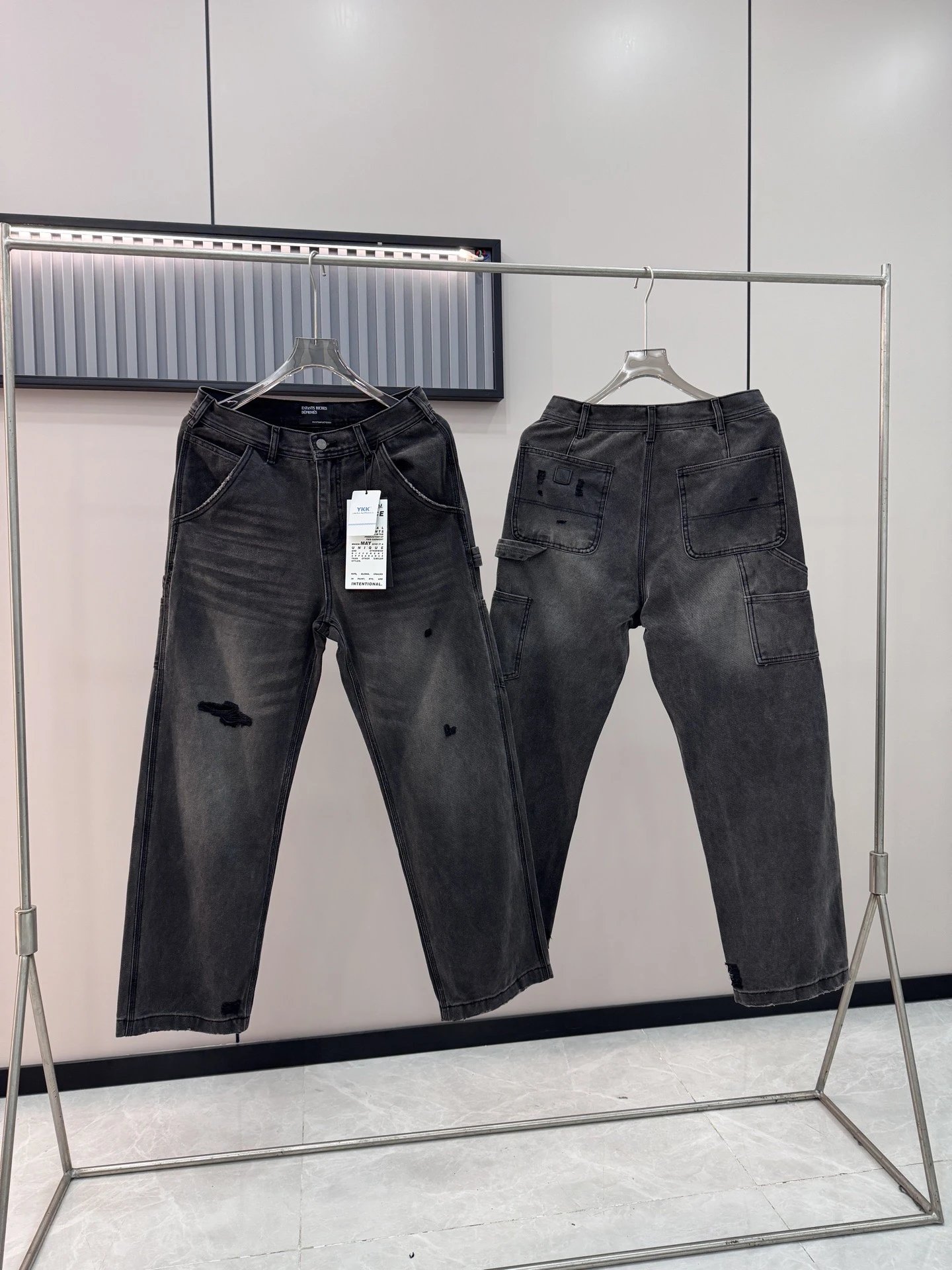 Distressed Gray Wide-Leg Cargo Denim Pants