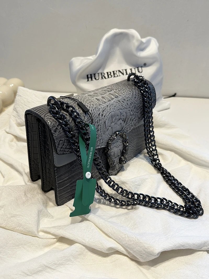 HURBENLUU Crocodile Texture Black Silver Buckle Chain Shoulder Bag