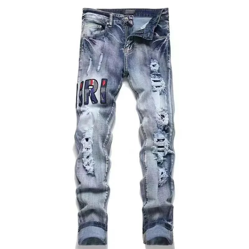 Ripped Letter-Embroidered Stretch Jeans photo 3