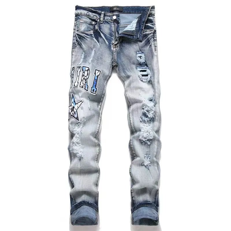 Ripped Letter-Embroidered Stretch Jeans photo 6