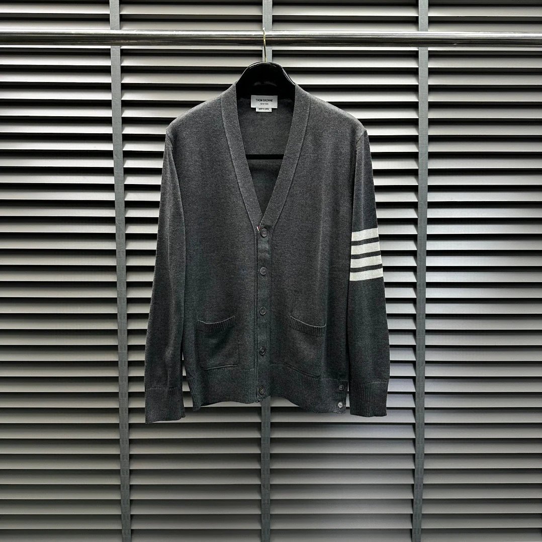 Thom Browne V-Neck Cardigan Gray Classic Knit Sweater