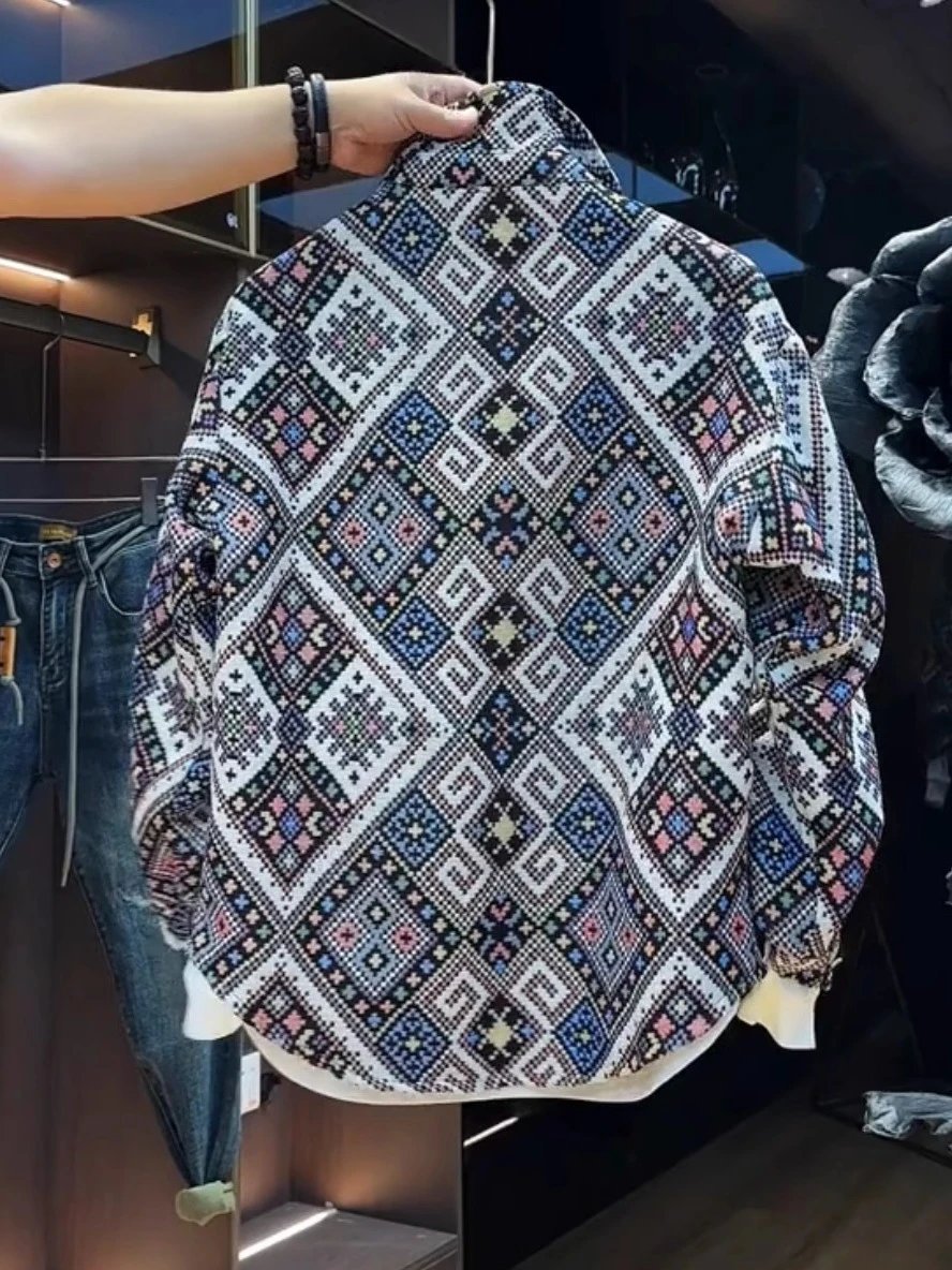 Woven Patterned Oversized Button-Up Shirt Multicolor Bohemian