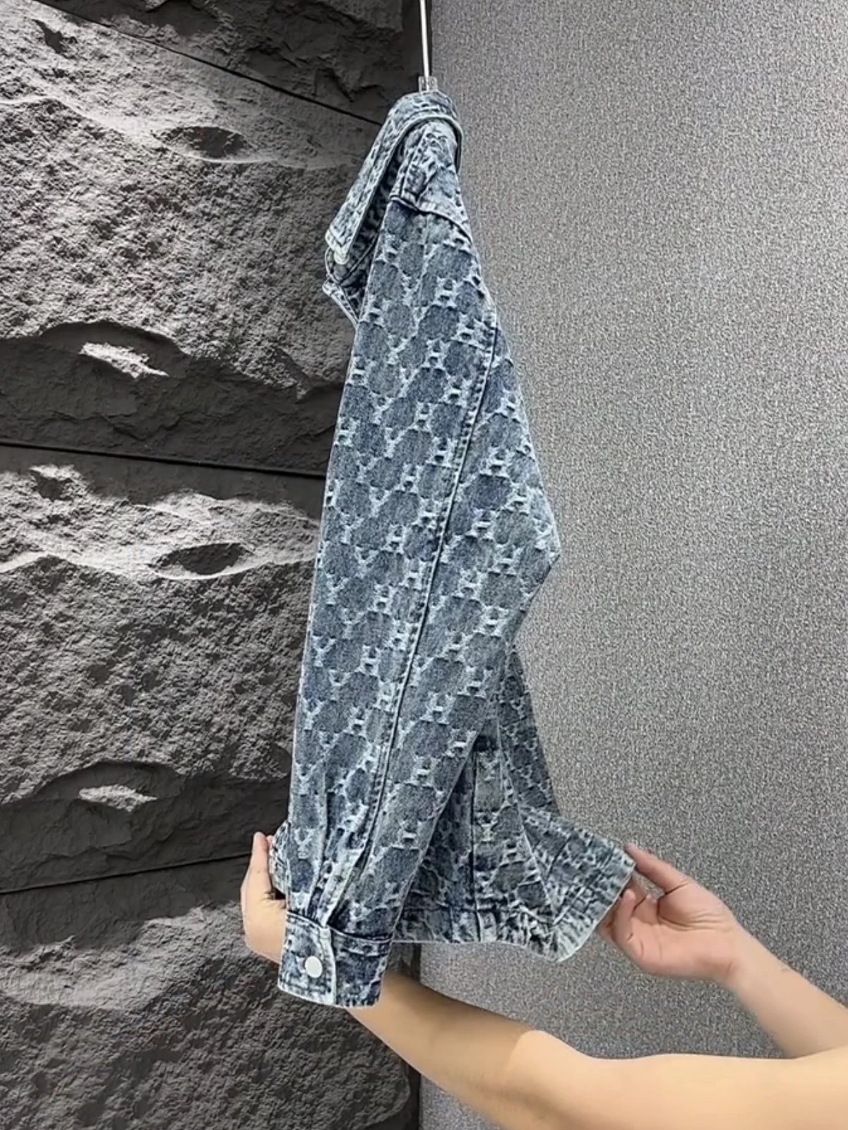 Denim Shirt Blue Washed Monogram Pattern NY Logo Casual Jacket