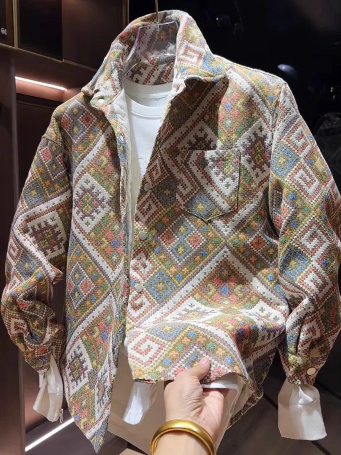 Woven Patterned Oversized Button-Up Shirt Multicolor Bohemian