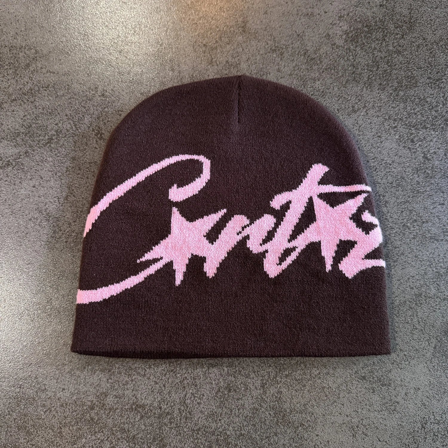 Black Knit Beanie White Graffiti Script Style