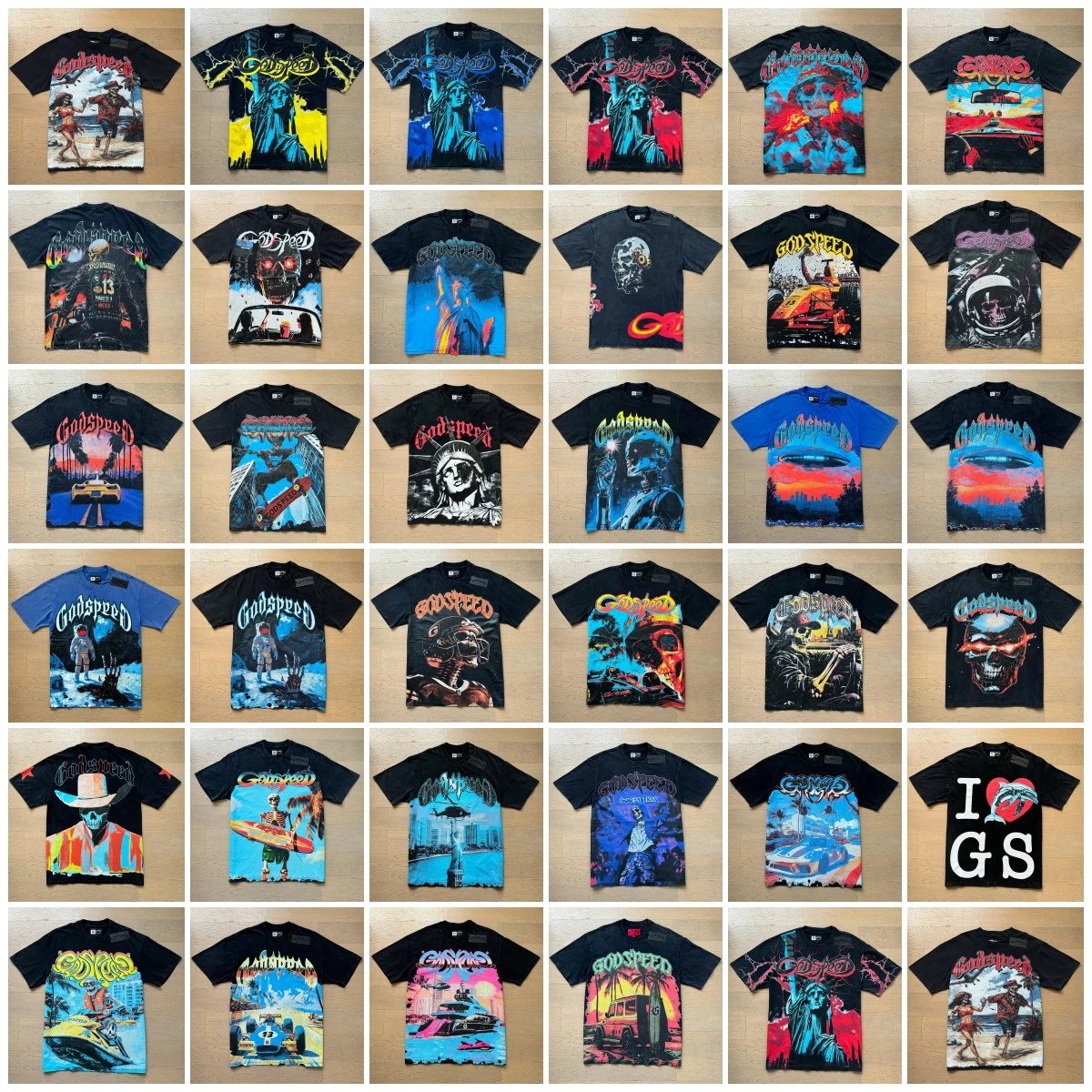 Godspeed Washed Distressed Skull Print Hip Hop T-Shirt