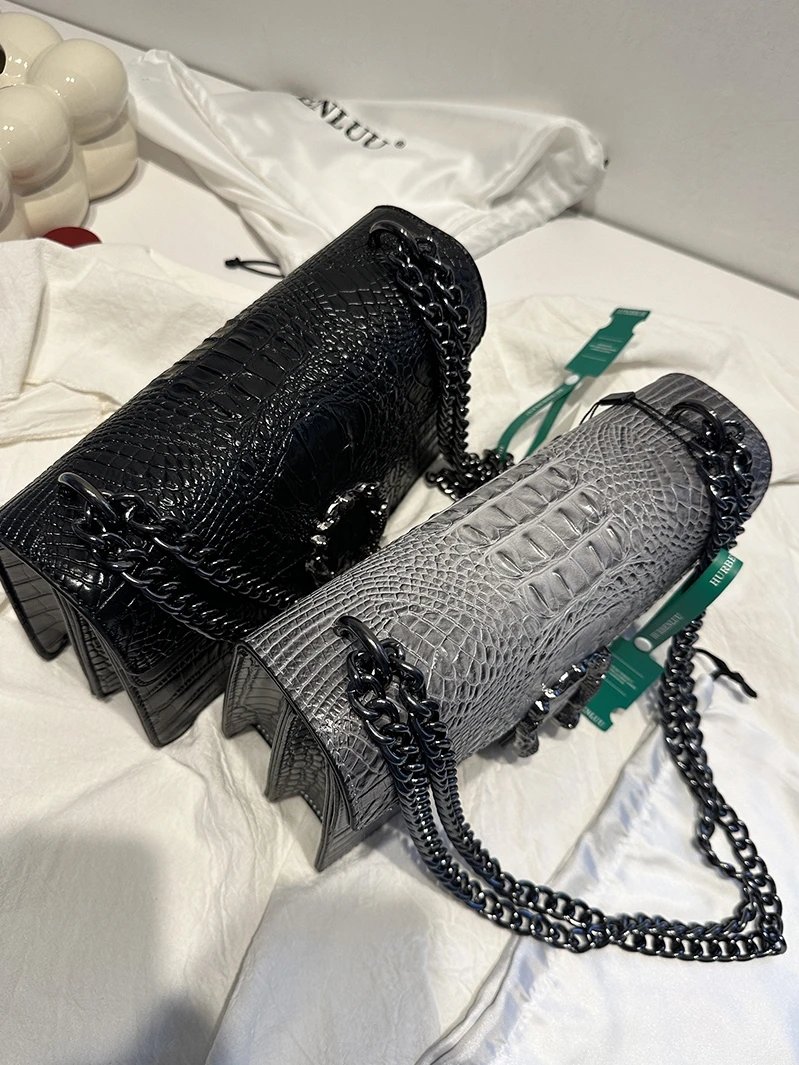 HURBENLUU Crocodile Texture Black Silver Buckle Chain Shoulder Bag