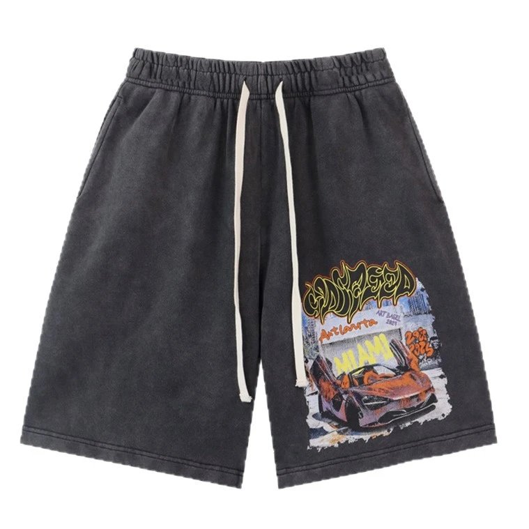 Washed Cotton Shorts Charcoal Blue Graphic Print Streetwear