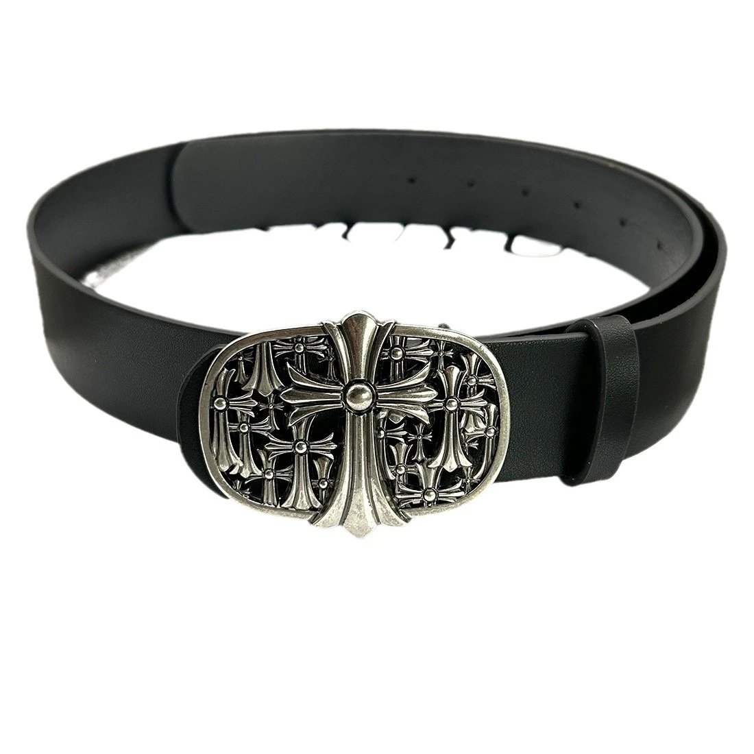 Ouyue Leather Belt Black Gothic Cross Buckle