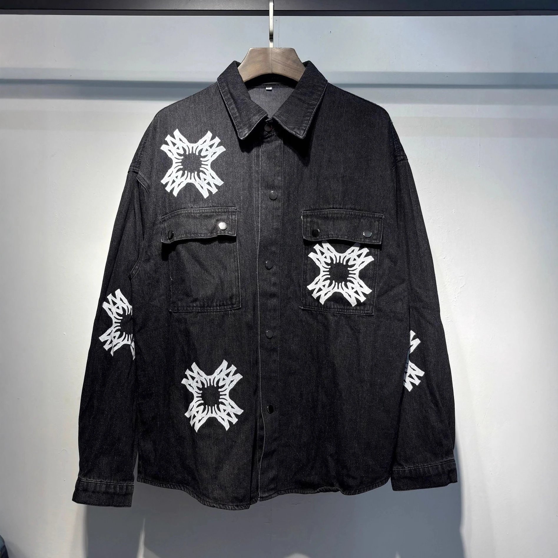 Denim Oversized Shirt Light Blue Black Star Embroidered Casual Jacket