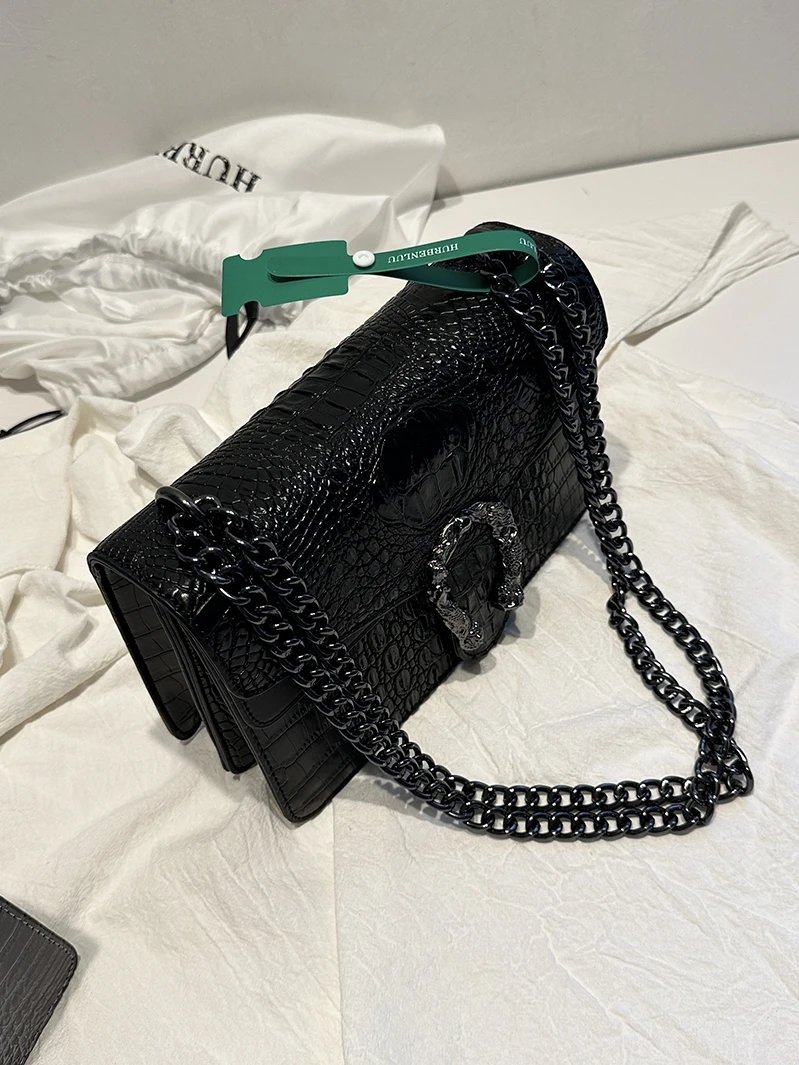 HURBENLUU Crocodile Texture Black Silver Buckle Chain Shoulder Bag