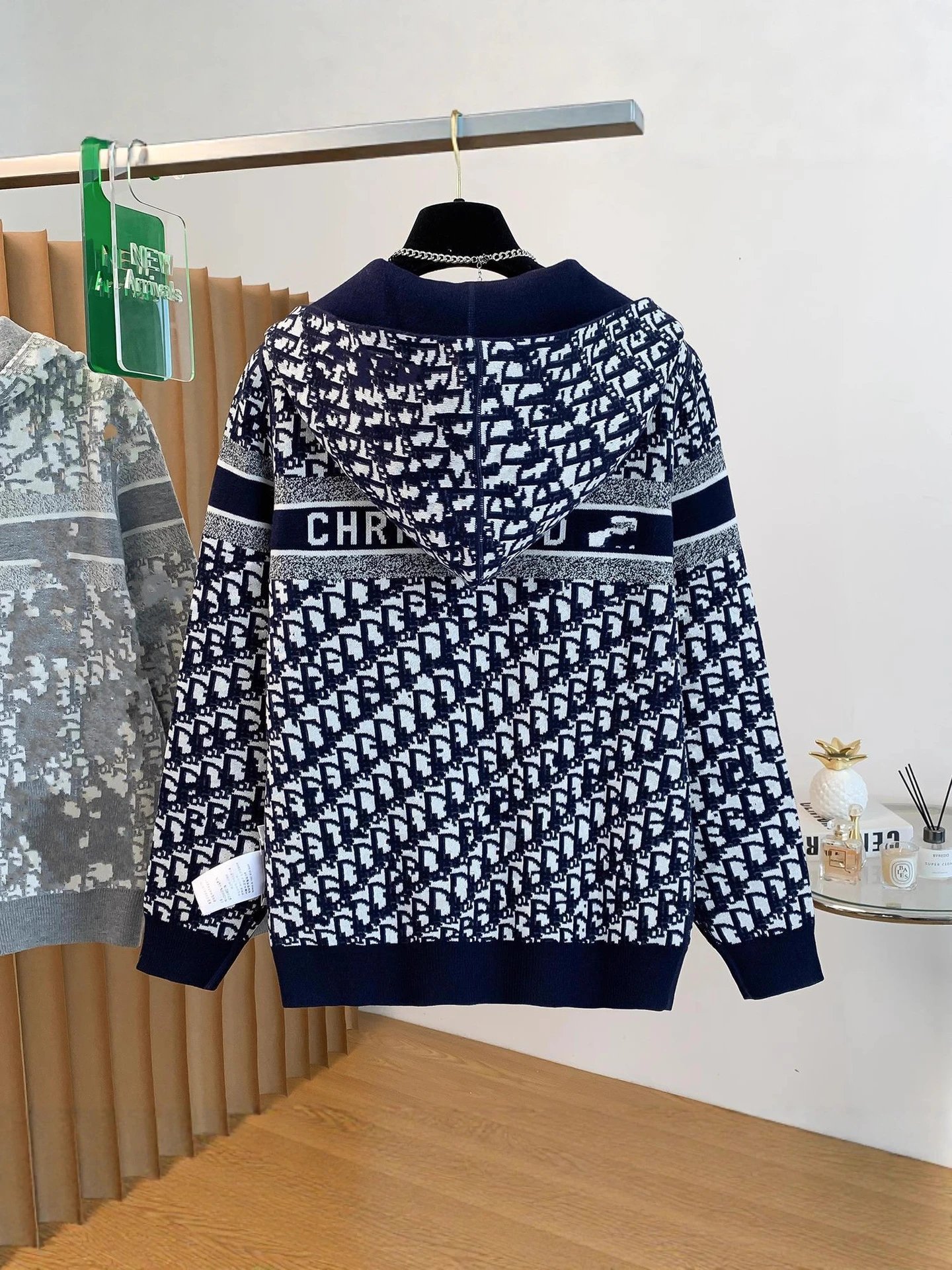 Knit Hooded Zip-Up Sweater Gray Monogram Pattern Casual