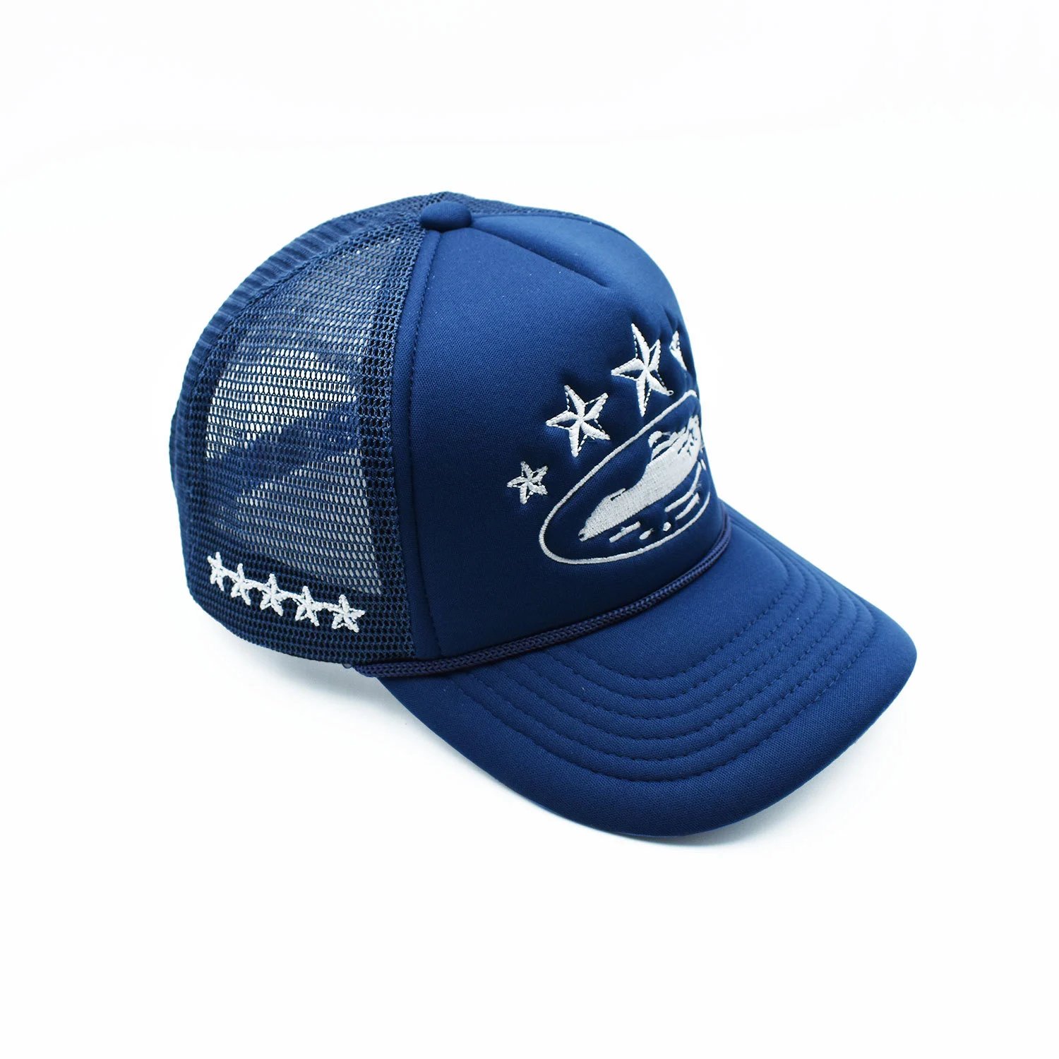 Trucker Hat Black White Embroidered Star Boat Mesh Cap