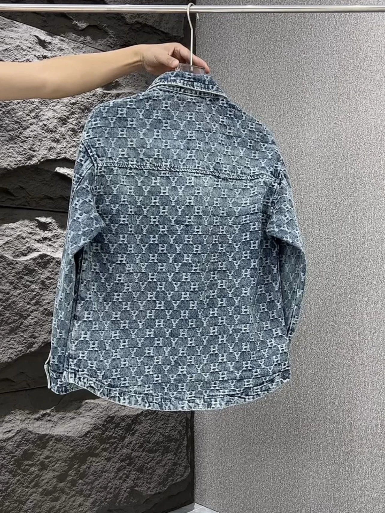 Denim Shirt Blue Washed Monogram Pattern NY Logo Casual Jacket