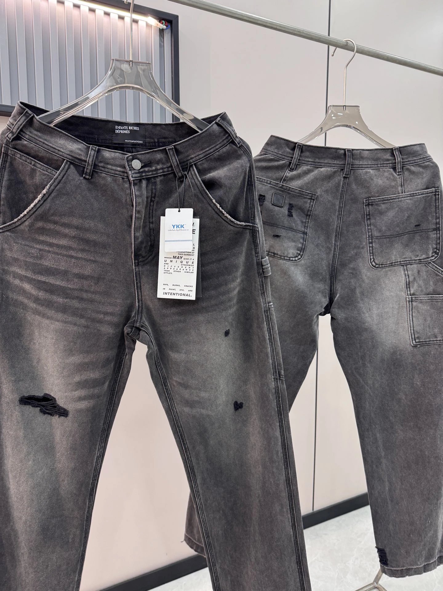 Distressed Gray Wide-Leg Cargo Denim Pants