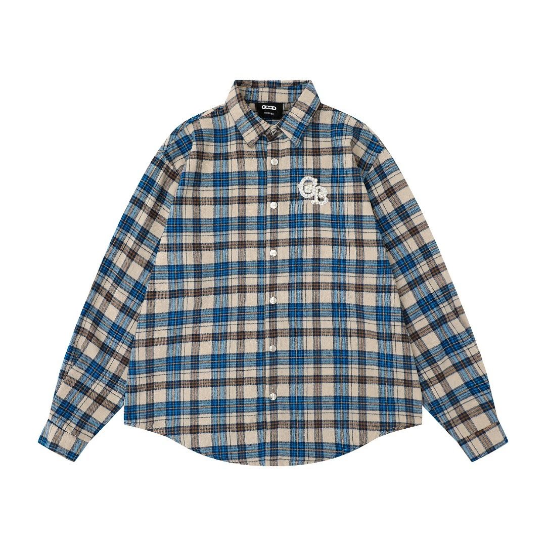 CR Plaid Shirt Blue Beige Casual Flannel Shirt Red Yellow Embroidered Back