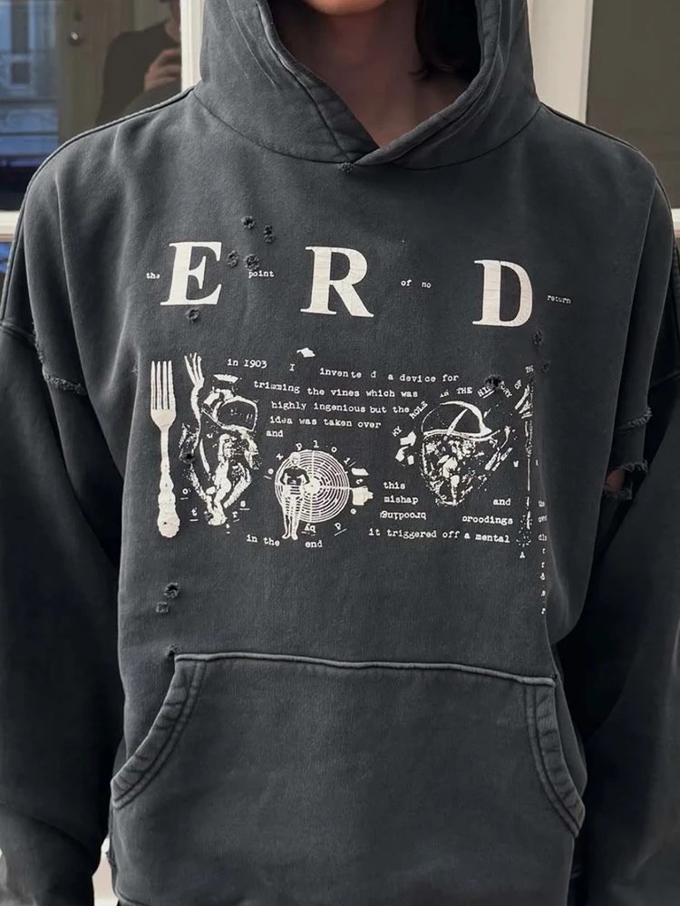 E.R.D Distressed Cotton Hoodie Assorted Colors Graphic Streetwear