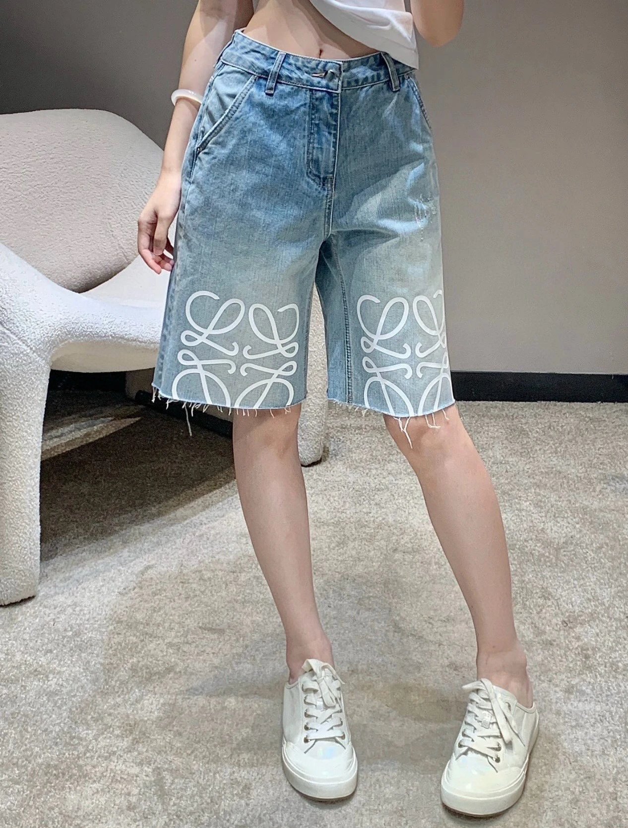 Loewe Cropped Polo White Casual Top with Logo Waistband and Embroidered Denim Bermuda Shorts