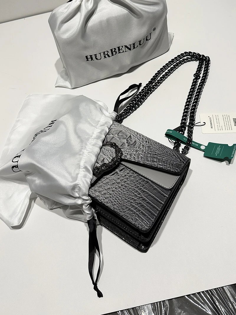 HURBENLUU Crocodile Texture Black Silver Buckle Chain Shoulder Bag