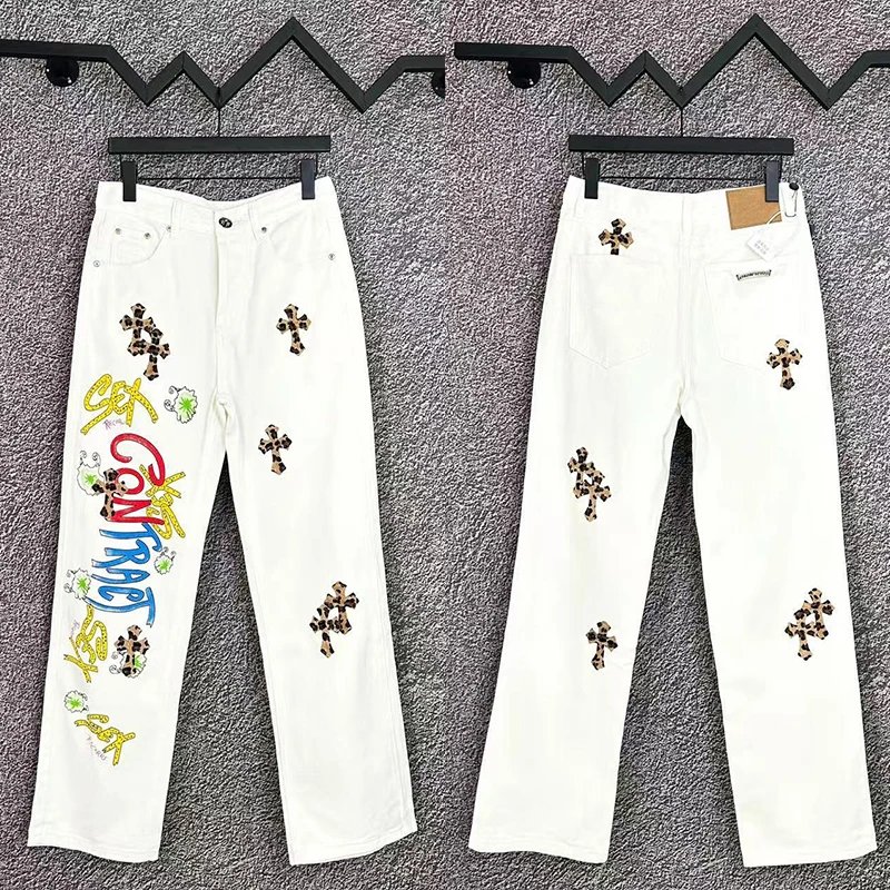 Cross Embroidered Denim Jeans Multicolor Streetwear