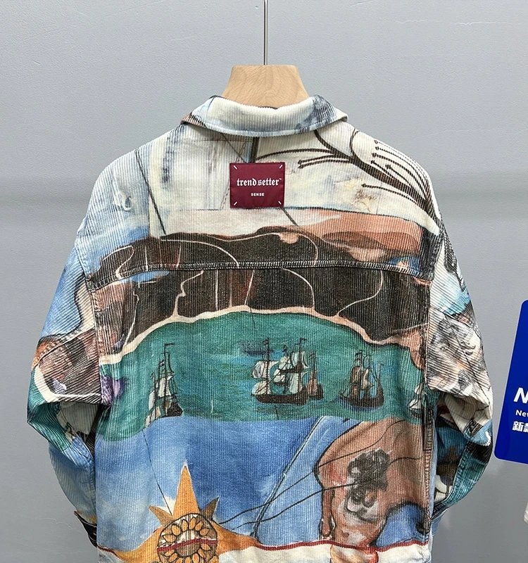 Corduroy Printed Jacket Multicolor Artistic Oversized Denim Style