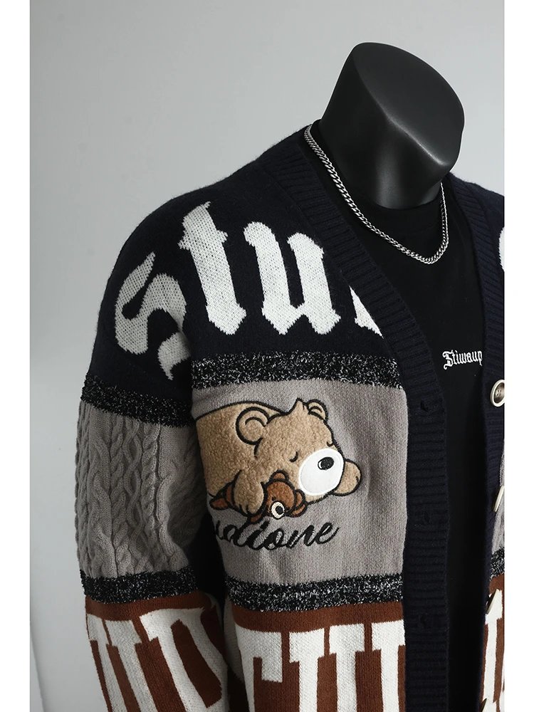 Knitted Cardigan Navy Gray Brown Bear Motif Streetwear