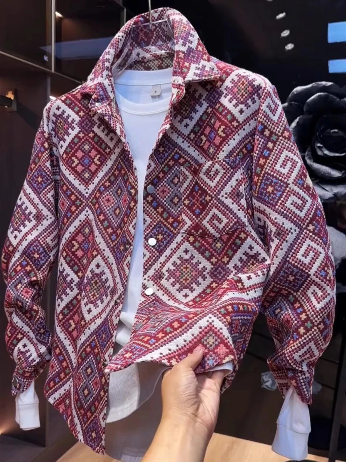 Woven Patterned Oversized Button-Up Shirt Multicolor Bohemian