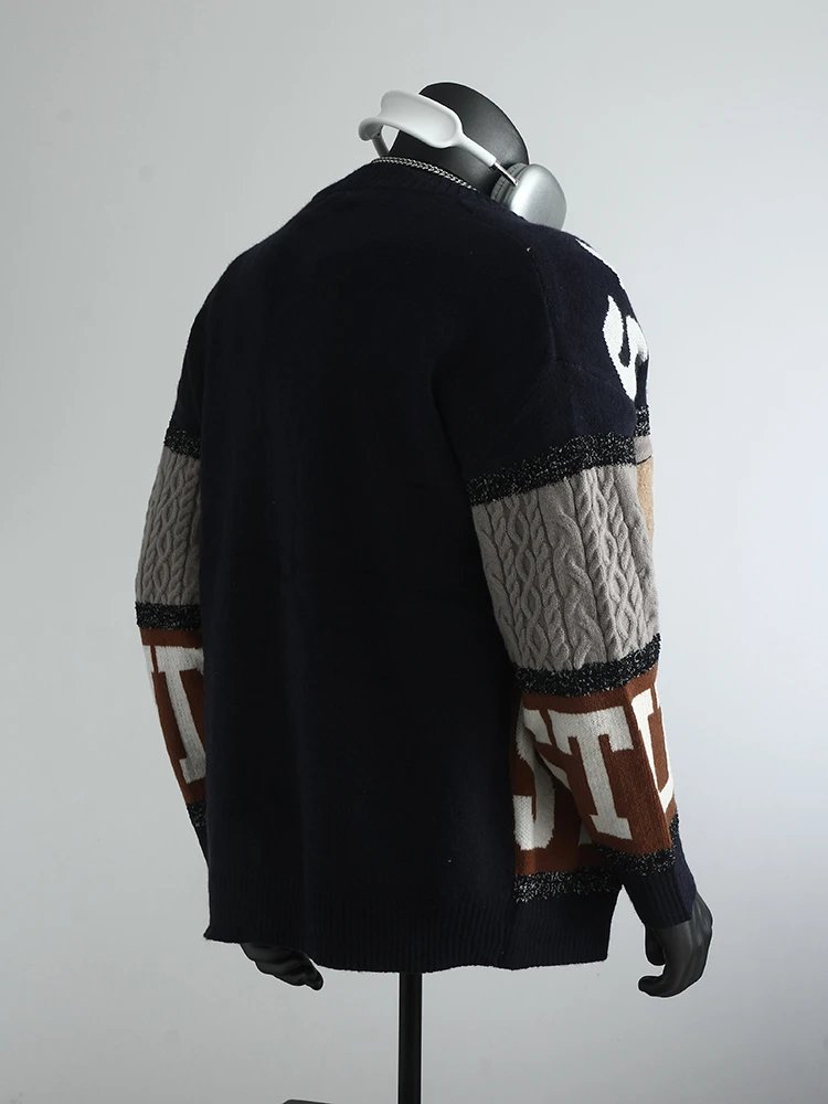 Knitted Cardigan Navy Gray Brown Bear Motif Streetwear