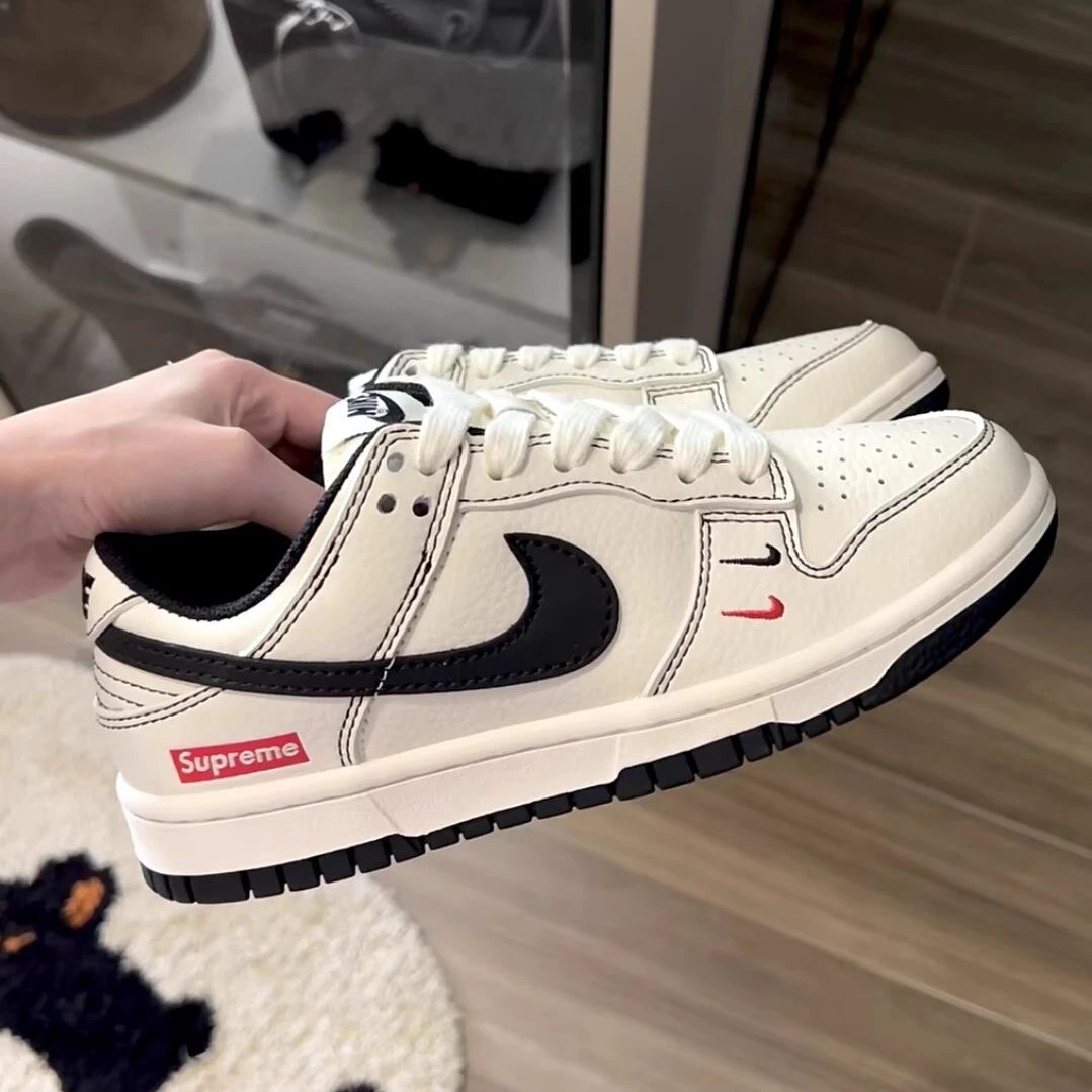 Nike Dunk Low Supreme Unisex Casual Sneakers Beige Black Red