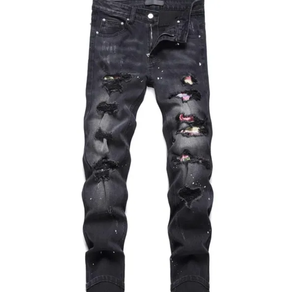 Design Distressed Black Paint-Splatter Ripped Jeans - 1