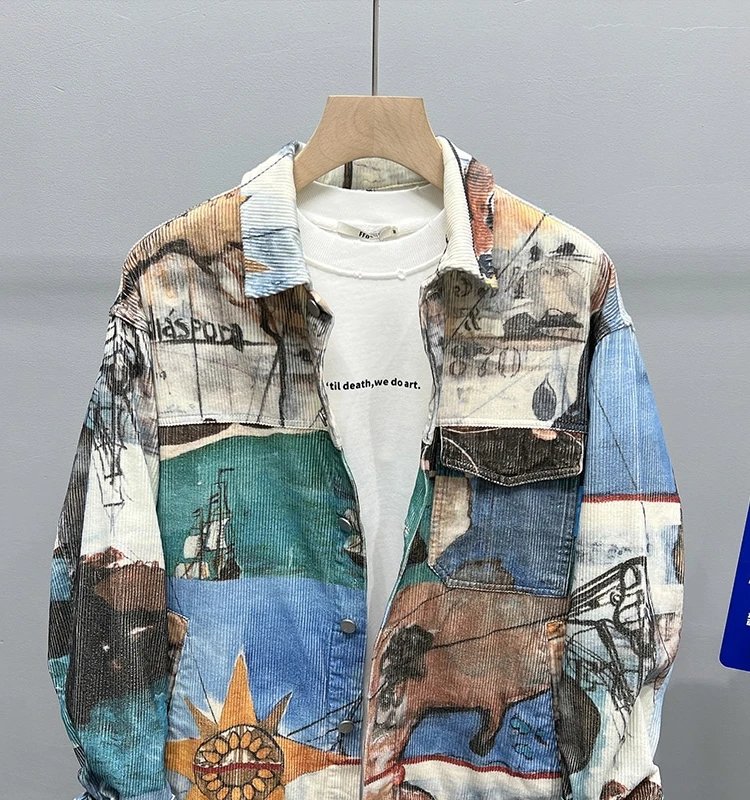 Corduroy Printed Jacket Multicolor Artistic Oversized Denim Style