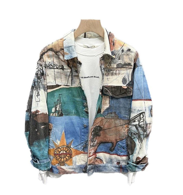 Corduroy Printed Jacket Multicolor Artistic Oversized Denim Style