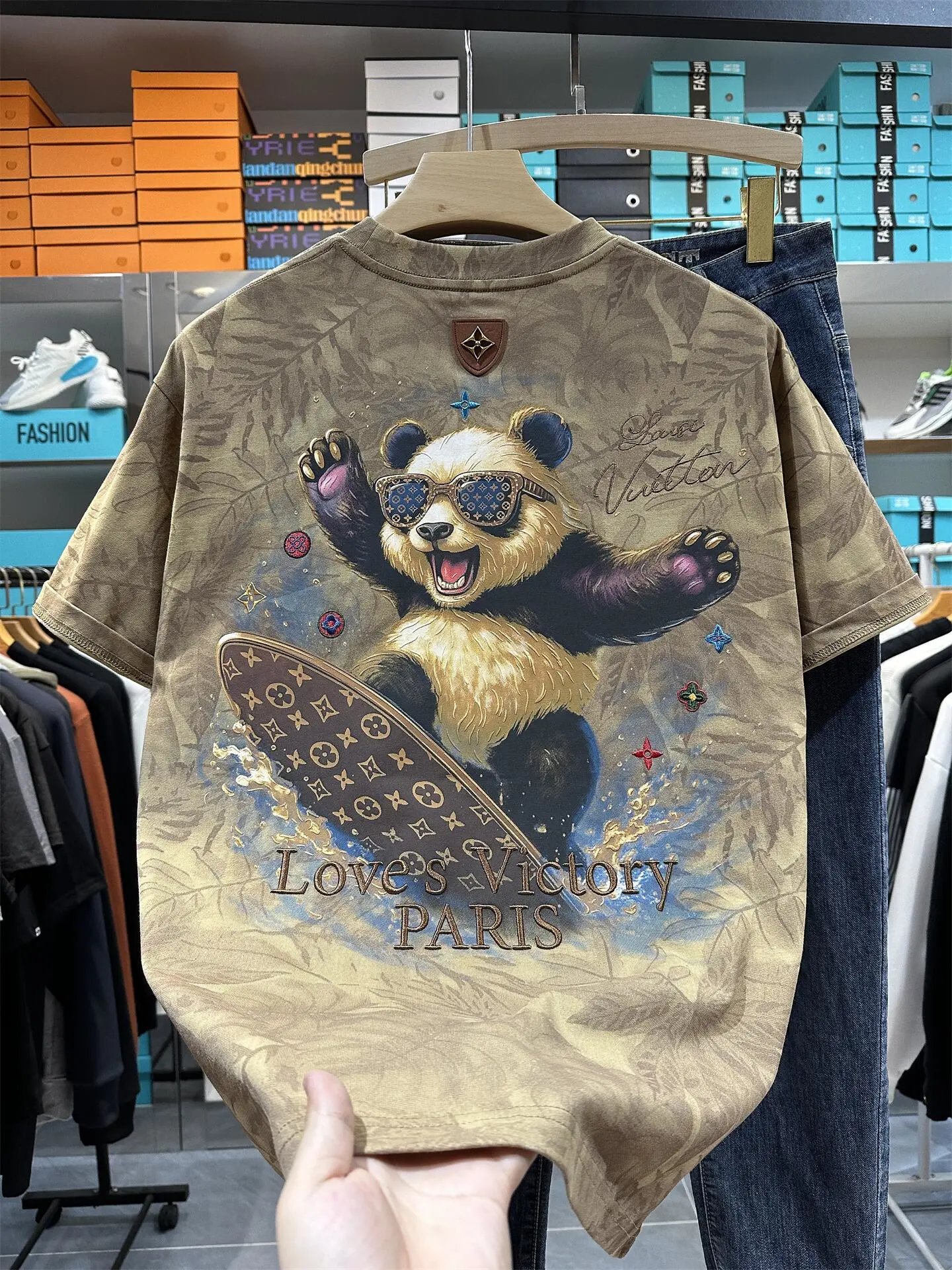 Men's Summer Loose Short Sleeve Panda Surfing Maple Leaf Print T-shirt