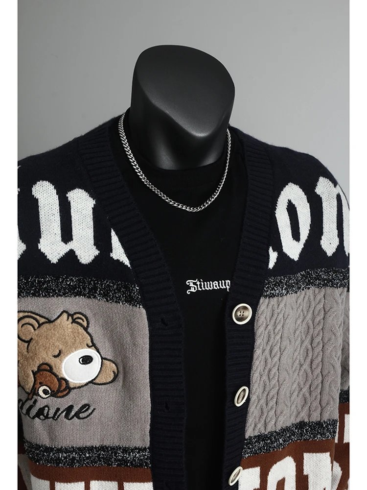 Knitted Cardigan Navy Gray Brown Bear Motif Streetwear