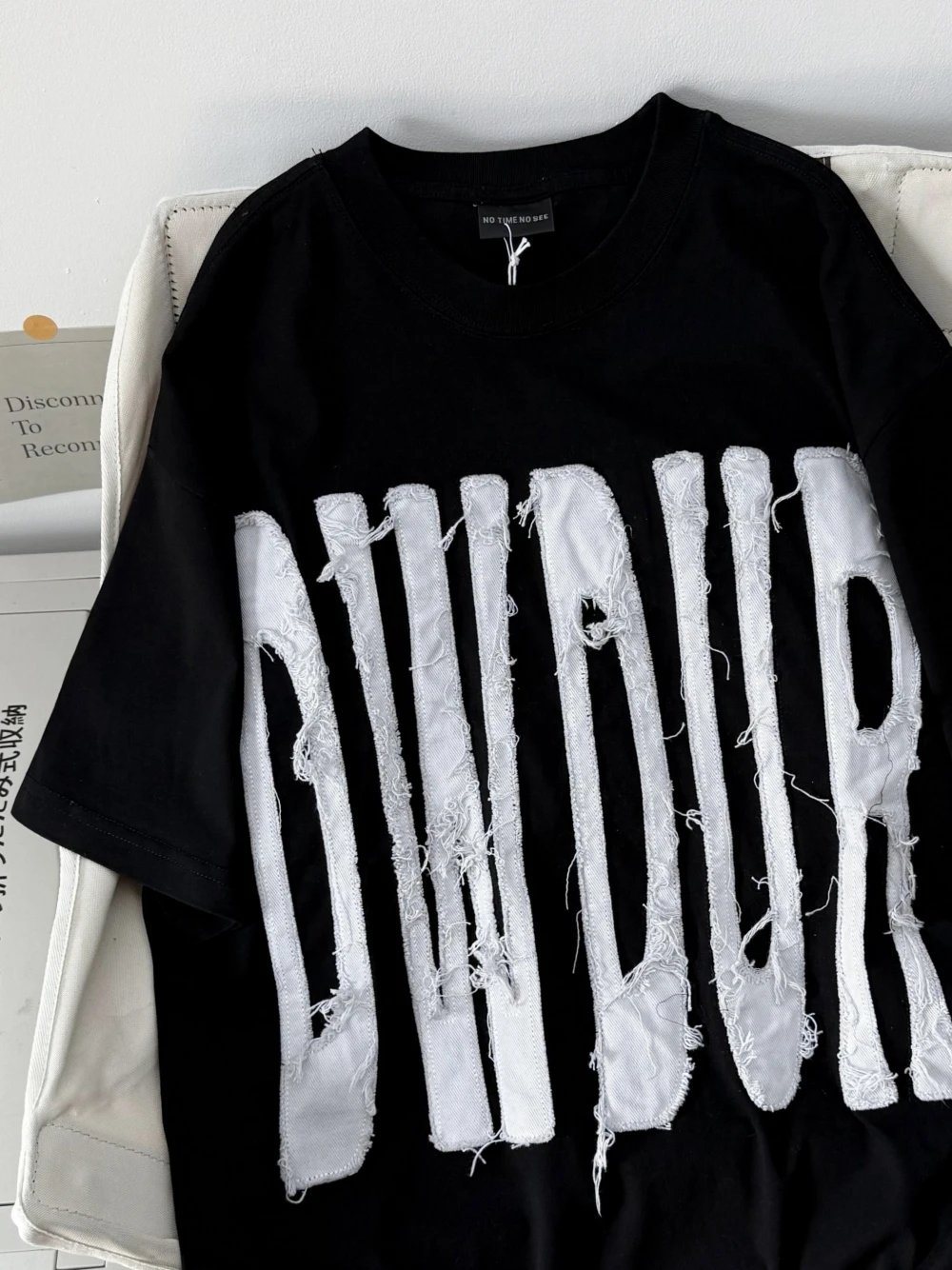 NO TIME NO SEE Distressed Graphic Black Oversized T-Shirt