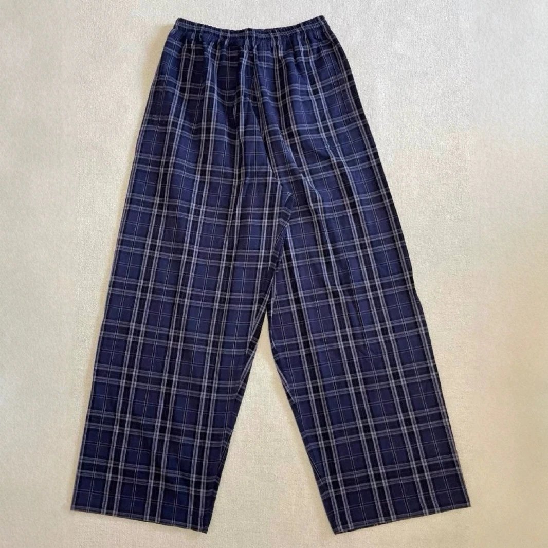 Plaid Wide-Leg Pants Navy Blue Streetwear