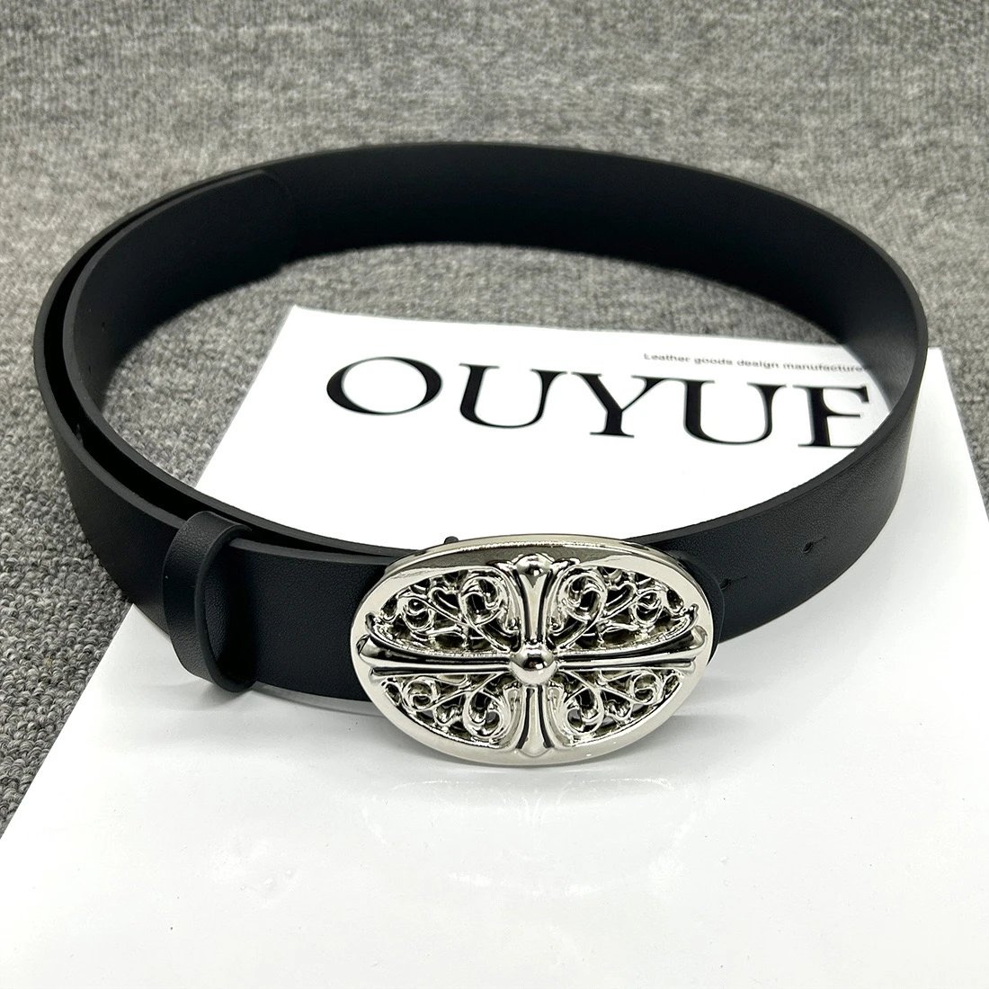 Ouyue Leather Belt Black Gothic Cross Buckle