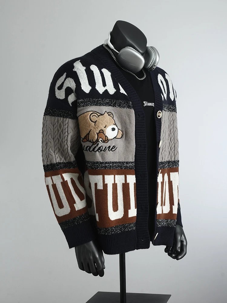 Knitted Cardigan Navy Gray Brown Bear Motif Streetwear