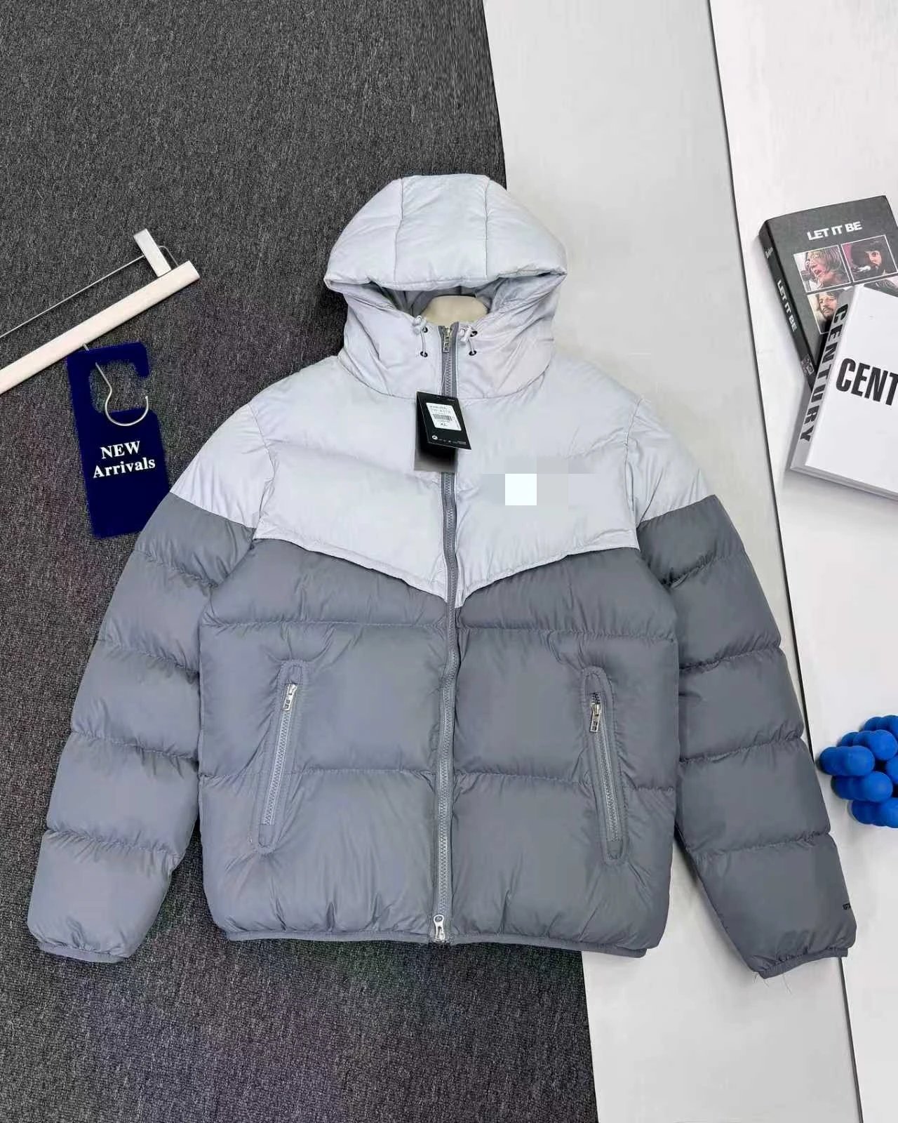Black Hooded Puffer Jacket With Zippered Pockets