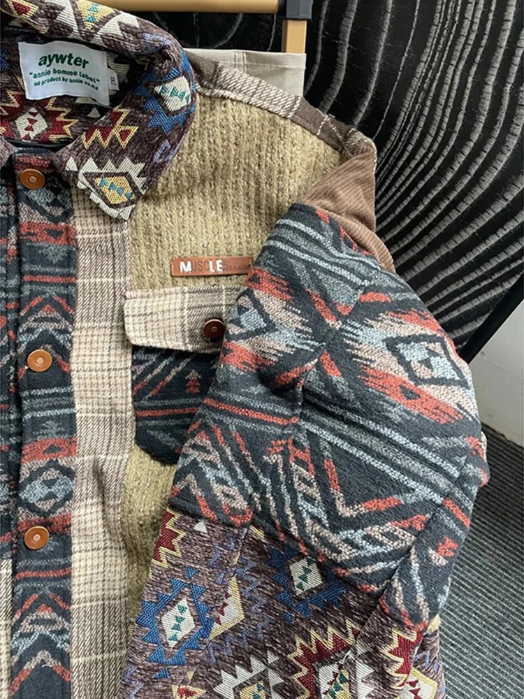 Winter Patchwork Multicolor Aztec Print Flannel Shirt Jacket