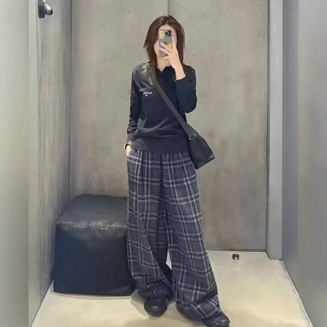 Plaid Wide-Leg Pants Navy Blue Streetwear