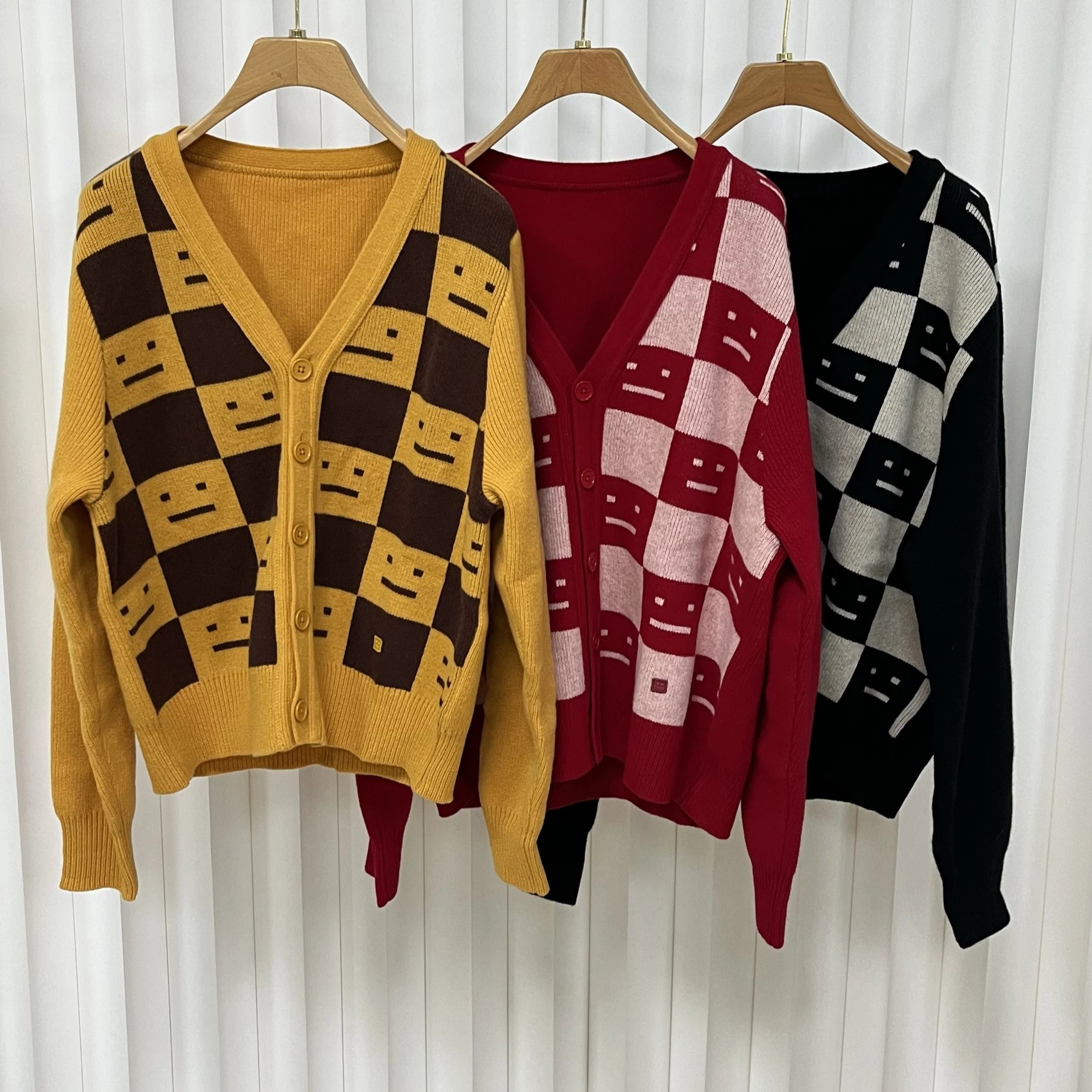 Smiley Face Checkerboard Knit Cardigan Yellow - 3