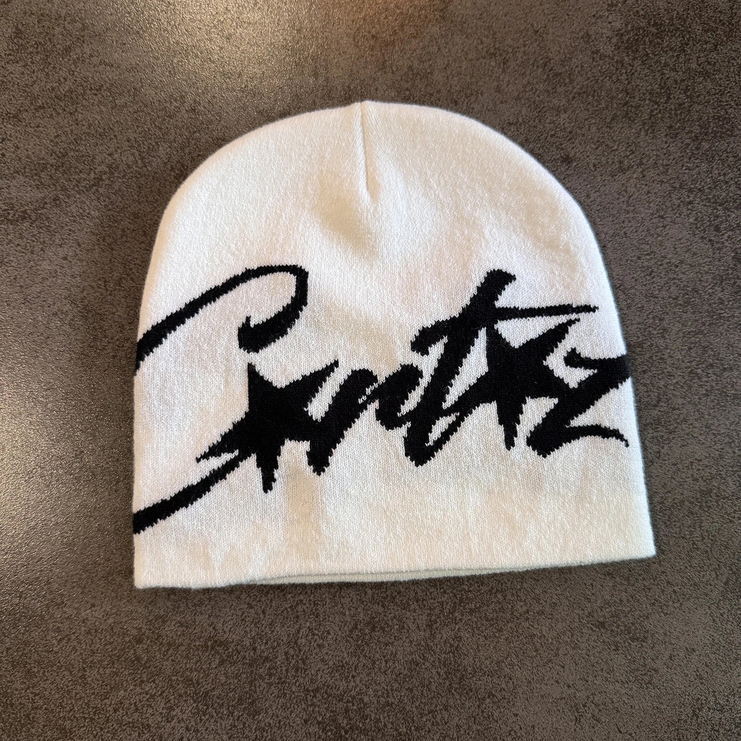Black Knit Beanie White Graffiti Script Style